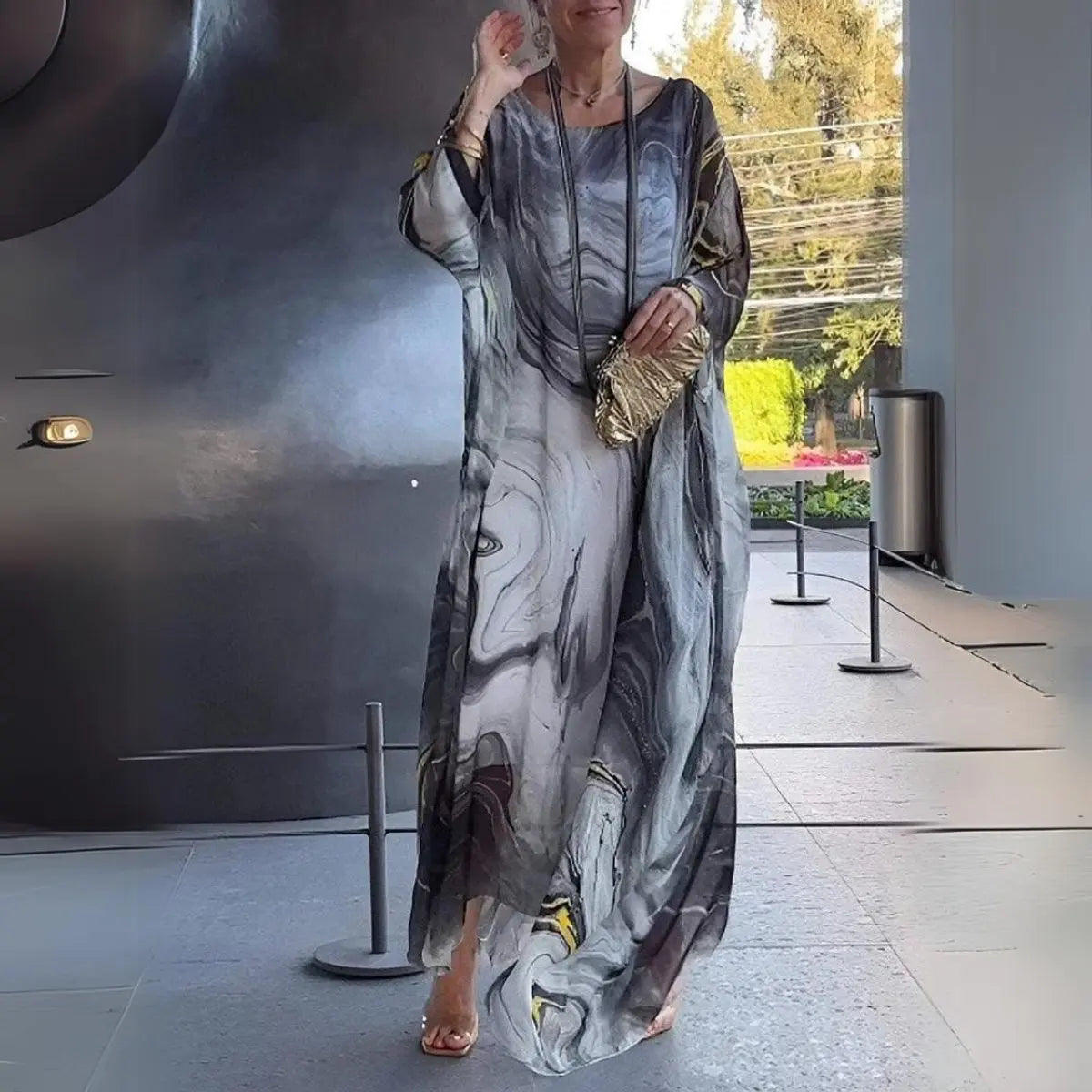 Women's Floaty Maxi Long Sleeve Dress Round Neck Batwing - Grey
