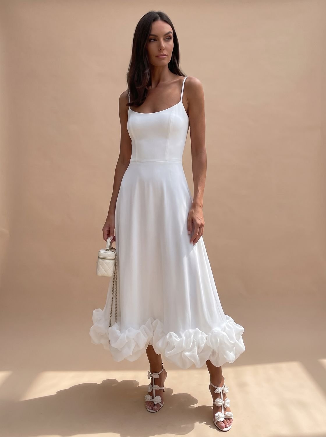 Women's Floral A-Line Midi Dress Spaghetti Strap Ruffle Hem - White