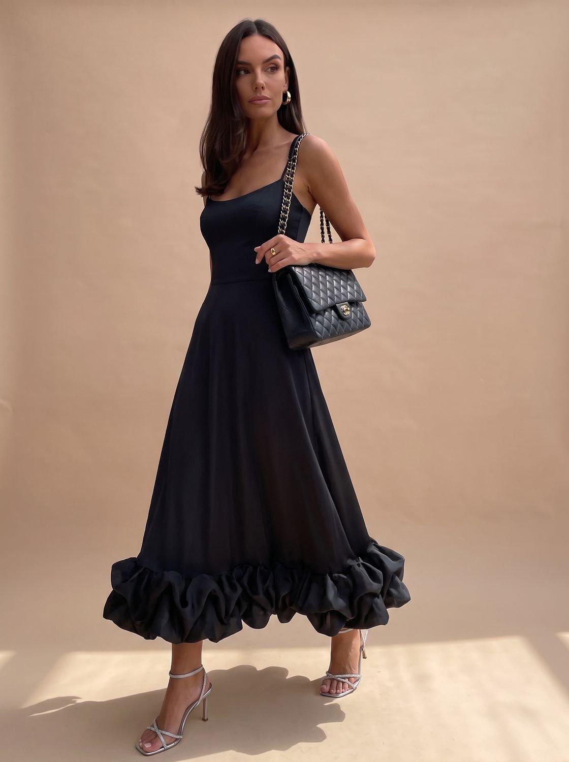 Women's Floral A-Line Midi Dress Spaghetti Strap Ruffle Hem - Black