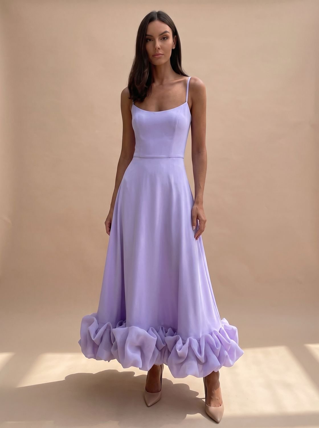Women's Floral A-Line Midi Dress Spaghetti Strap Ruffle Hem