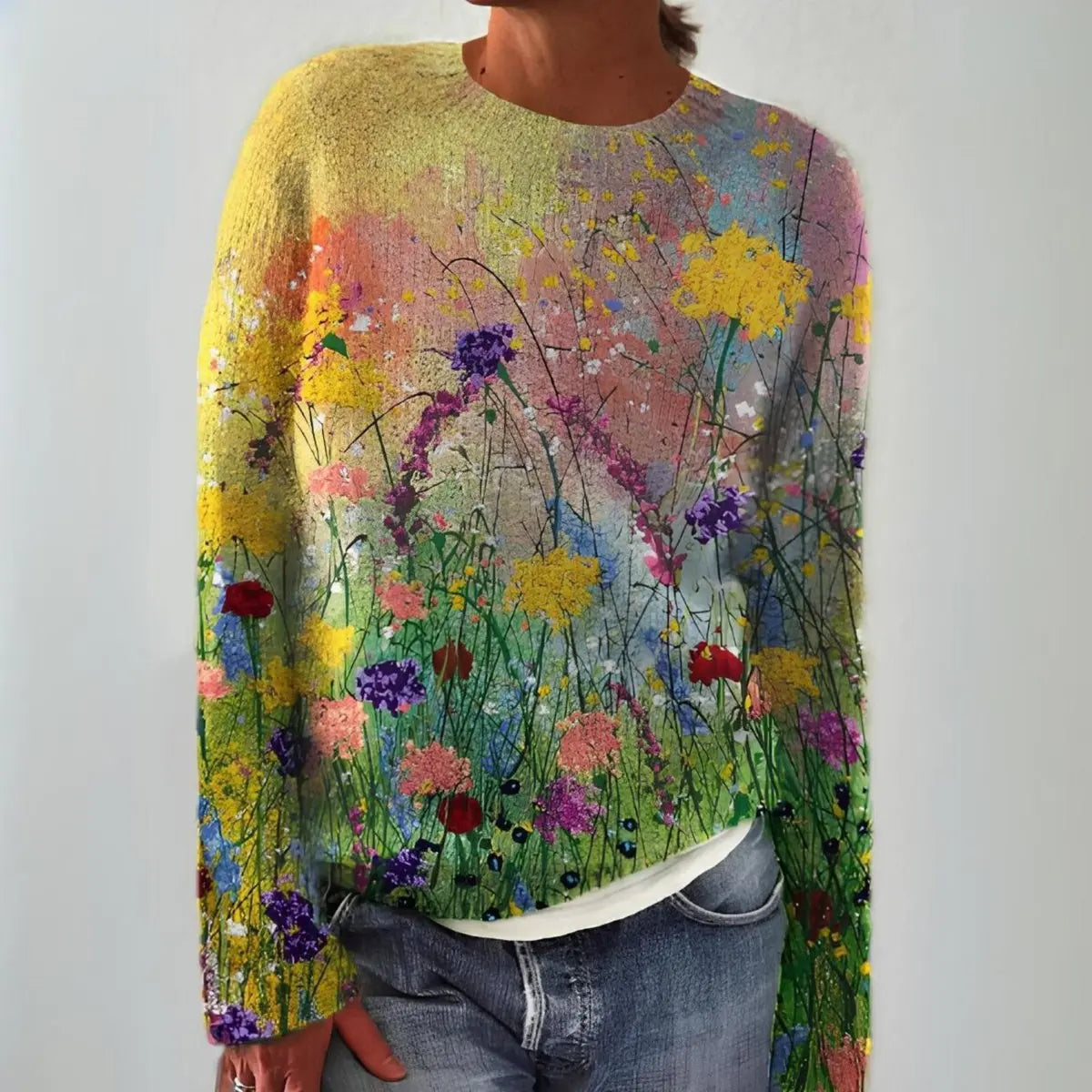 Women's Floral Art Print Long Sleeve Knit Sweater - Multicolour