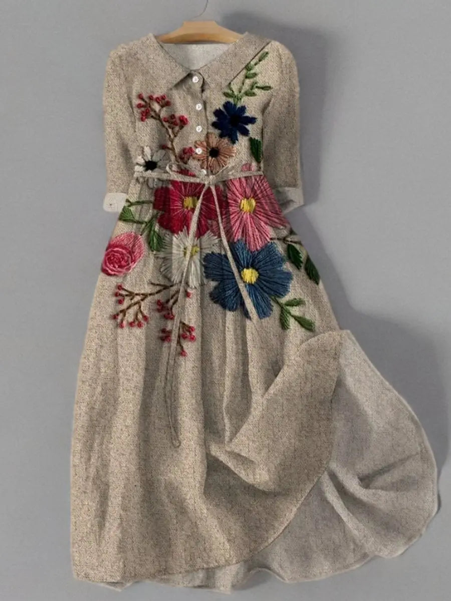 Women's Floral Embroidered Midi Long Sleeve Dress Belted Linen - As Pictured