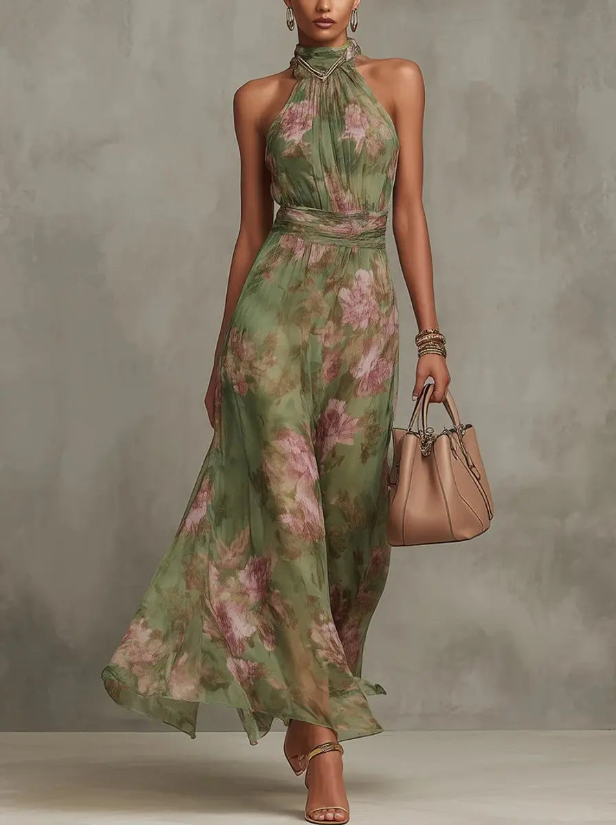 Women's Floral Halterneck Chiffon Midi Dress - Green Floral Print