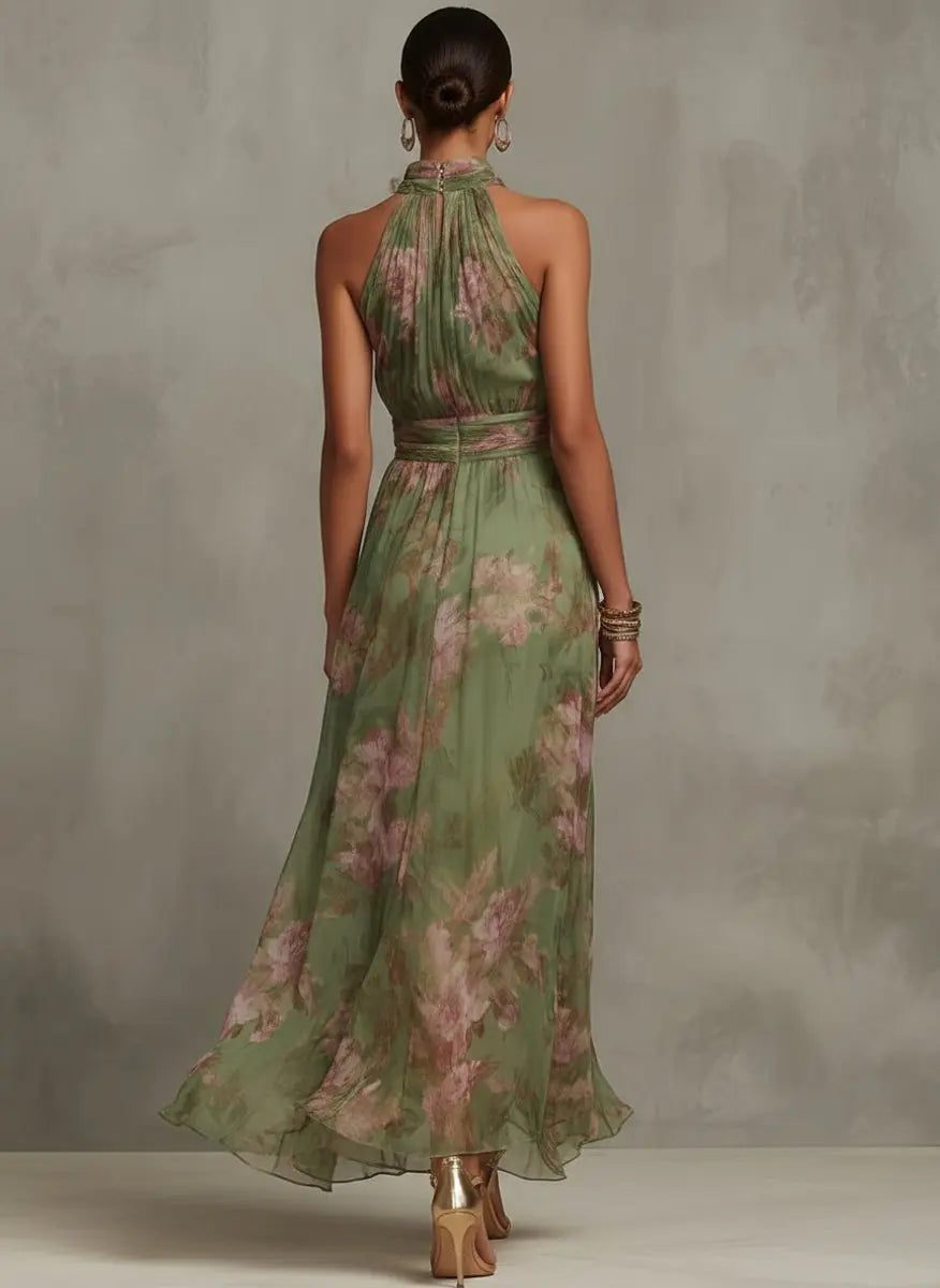 Women's Floral Halterneck Chiffon Midi Dress