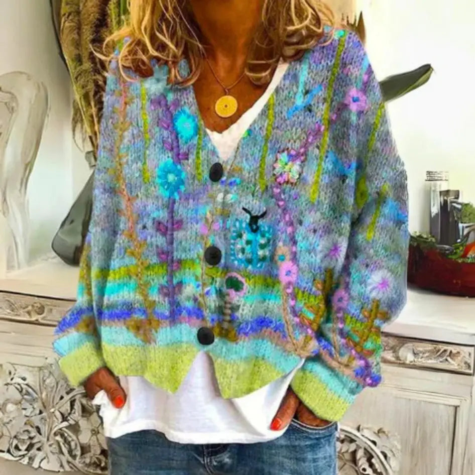 Women's Floral Knit Button-Up Cardigan Puffer Vest Women Style - Green