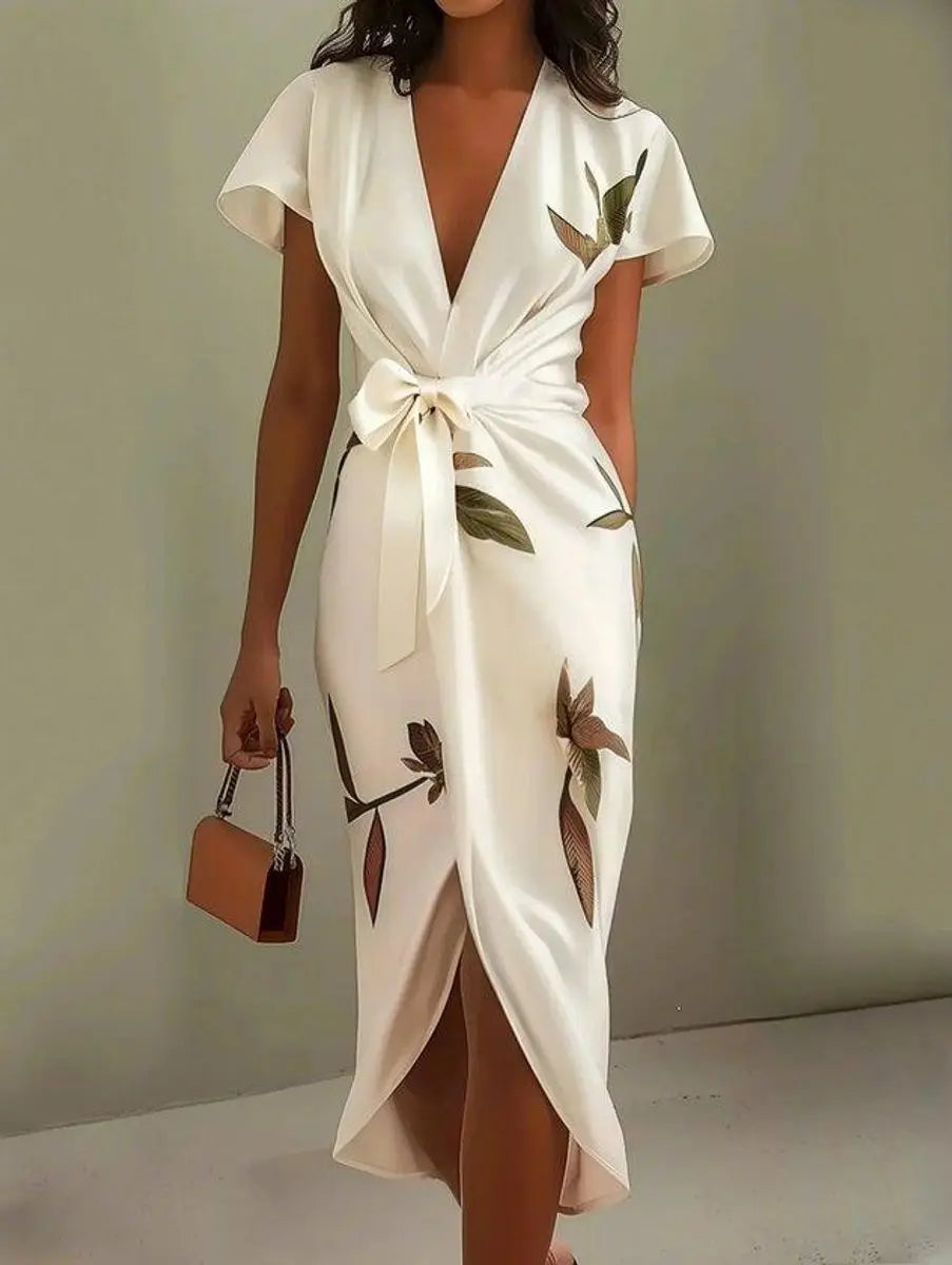 Women's Floral Leaf-Print V-Neck Wrap Midi Dress - White