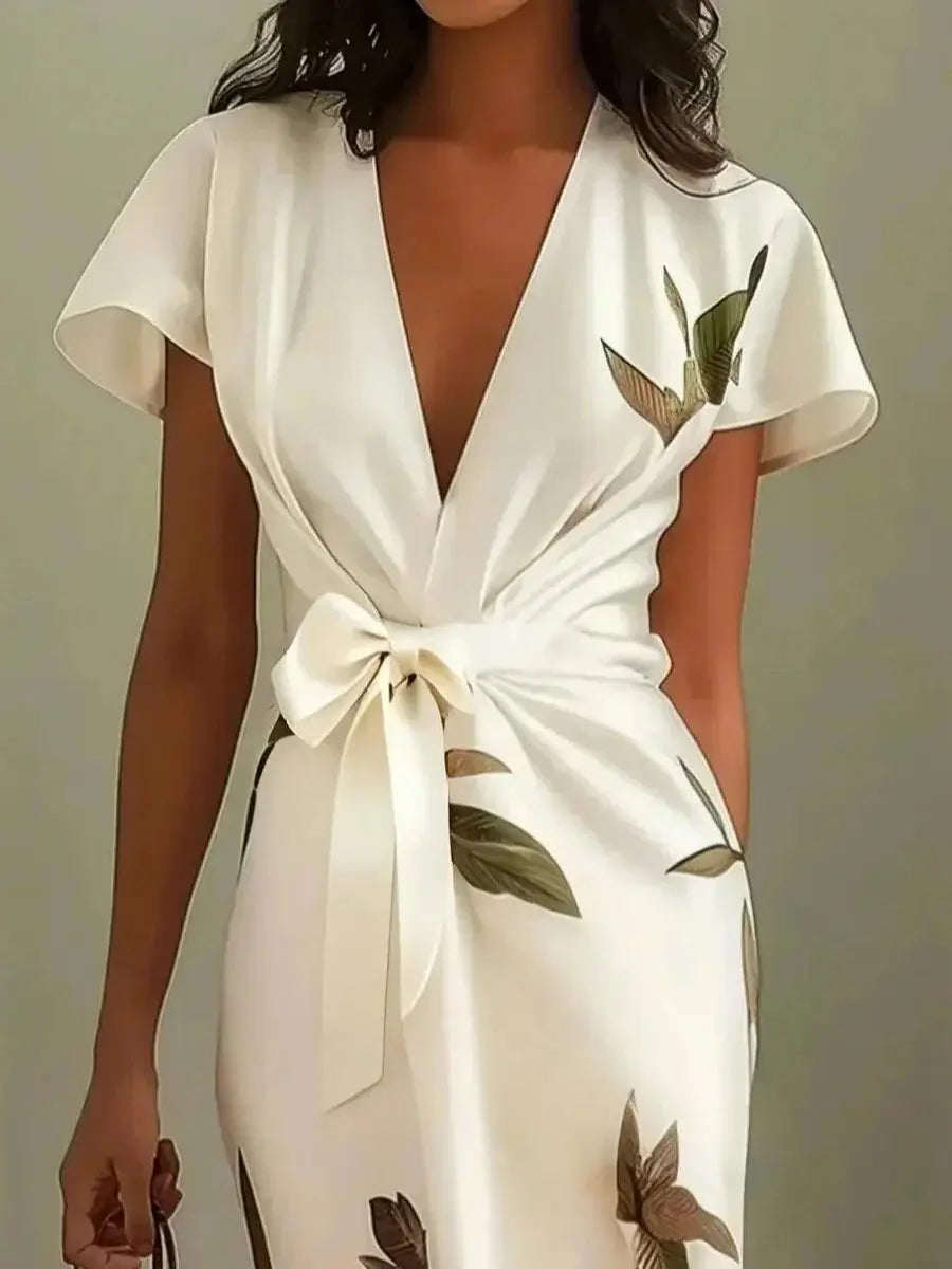 Women's Floral Leaf-Print V-Neck Wrap Midi Dress