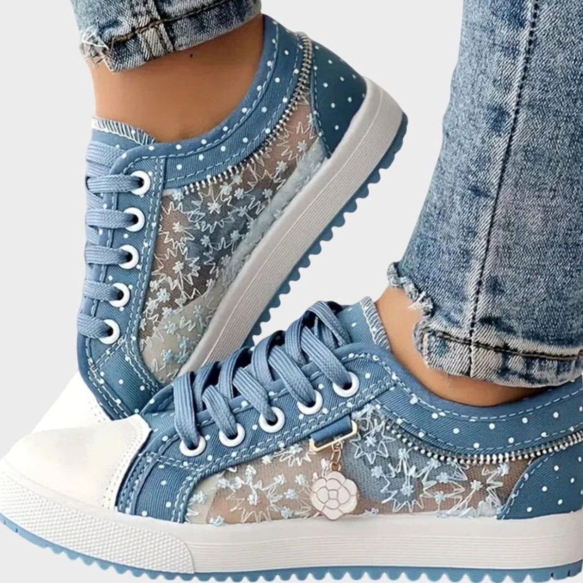 Women's Floral Mesh Lace-Up Orthopaedic Trainers Wide Toe Box - Light Blue