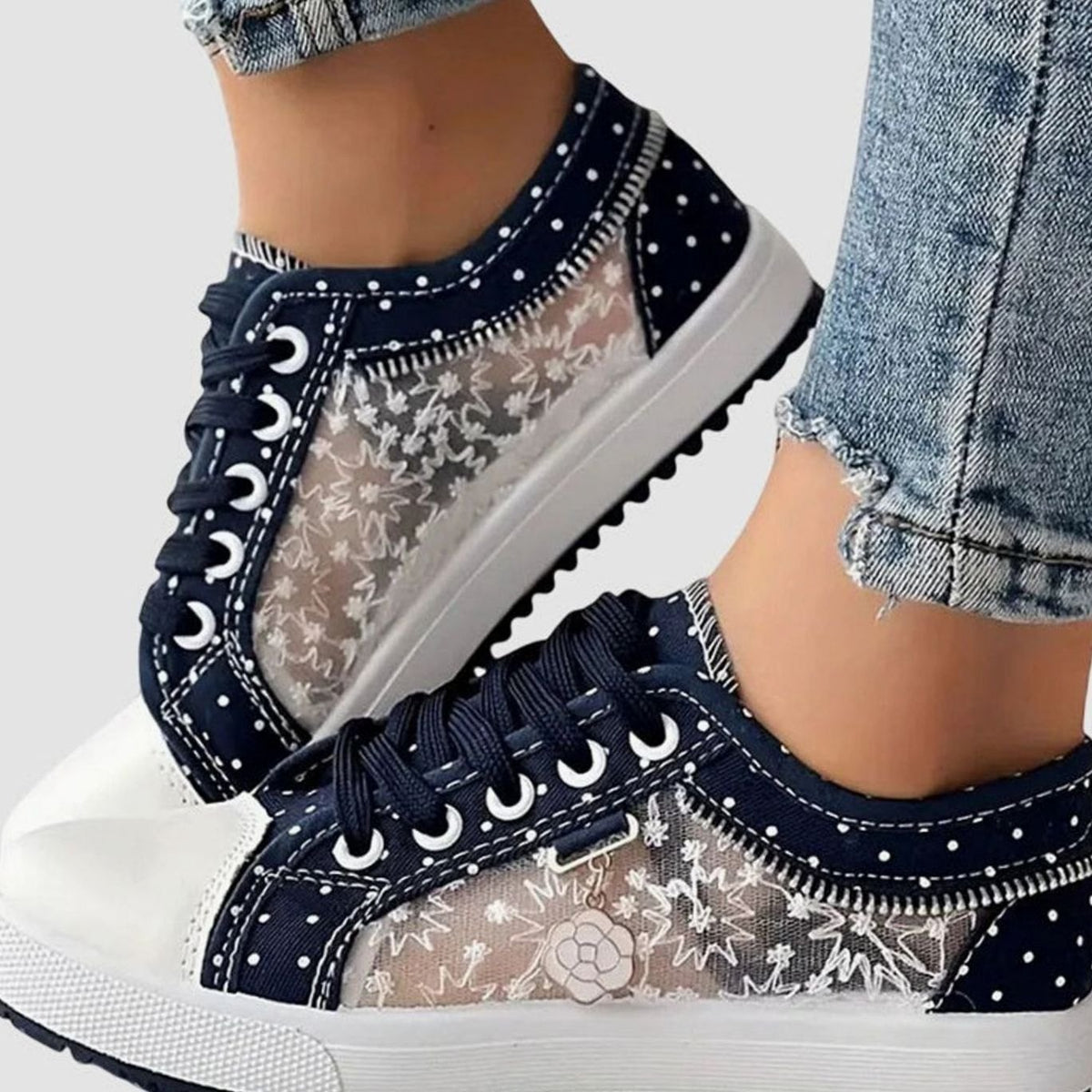Women's Floral Mesh Lace-Up Orthopaedic Trainers Wide Toe Box - Navy