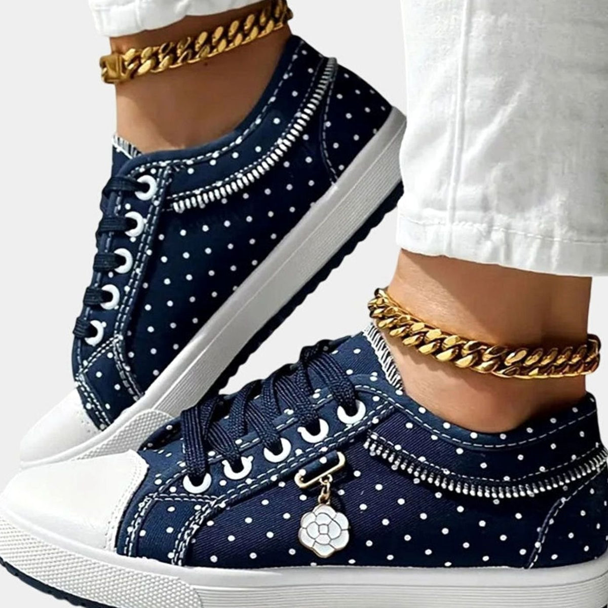 Women's Floral Mesh Lace-Up Orthopaedic Trainers Wide Toe Box - Dark Blue