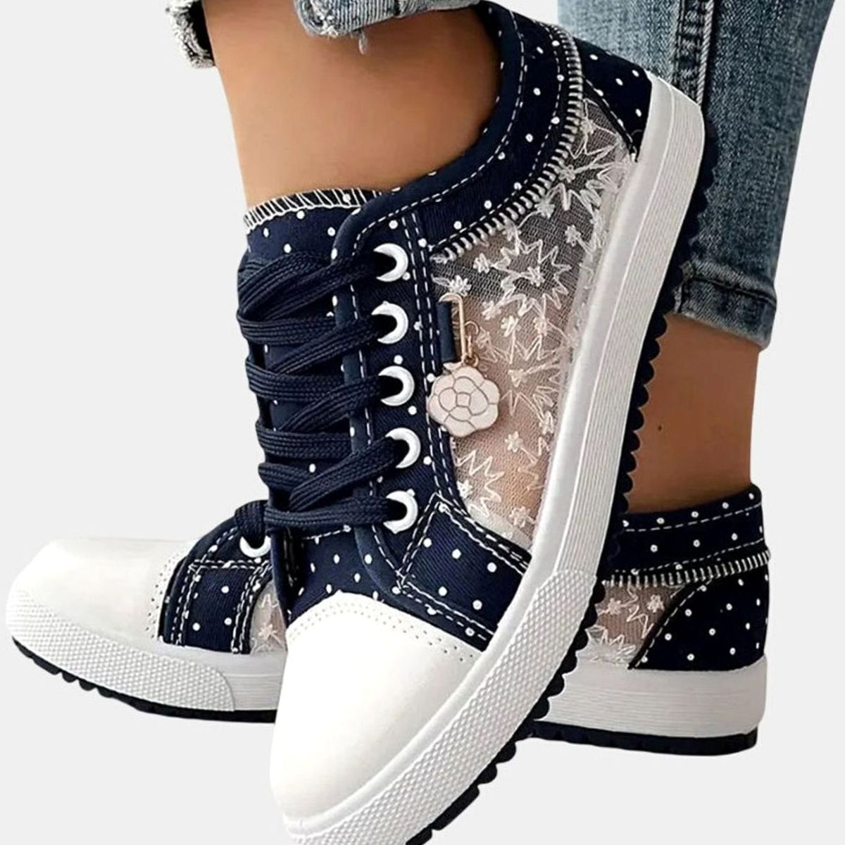 Women's Floral Mesh Lace-Up Orthopaedic Trainers Wide Toe Box