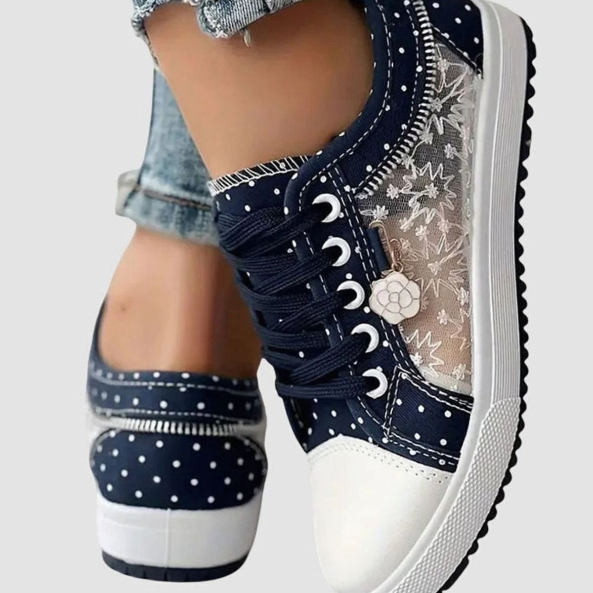 Women's Floral Mesh Lace-Up Orthopaedic Trainers Wide Toe Box
