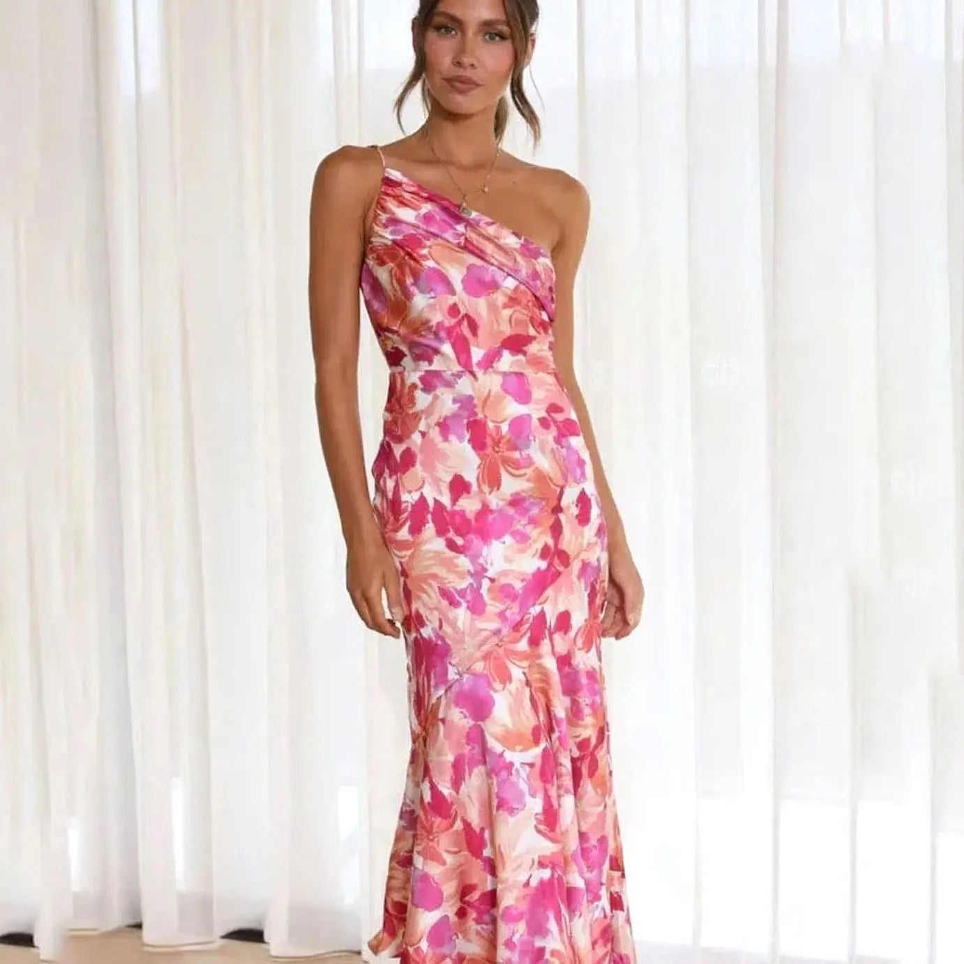 Women's Floral One-Shoulder Asymmetric Midi Dress - Pink