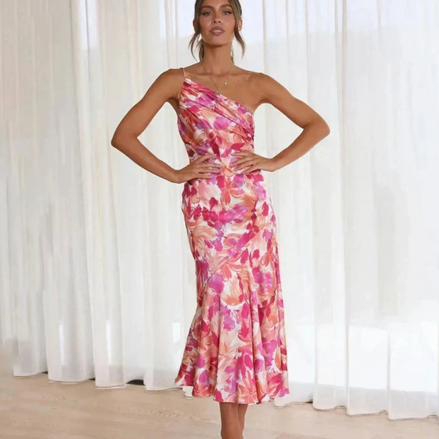 Women's Floral One-Shoulder Asymmetric Midi Dress