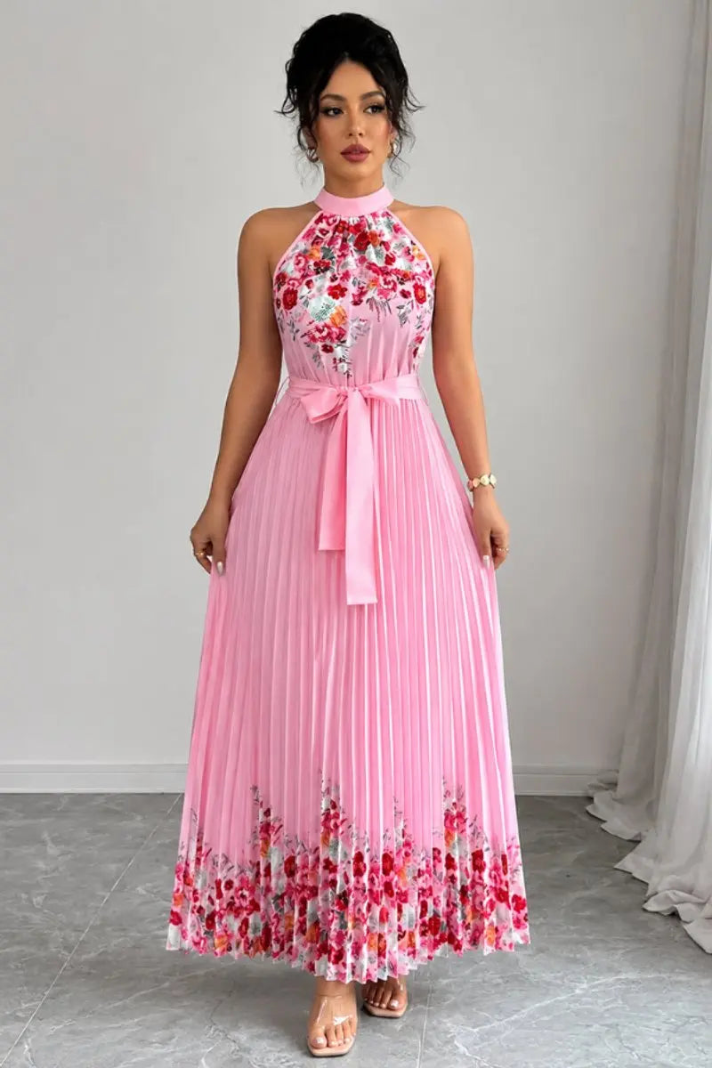 Women's Floral Pleated Halter-Neck Maxi Evening Gown - Pink