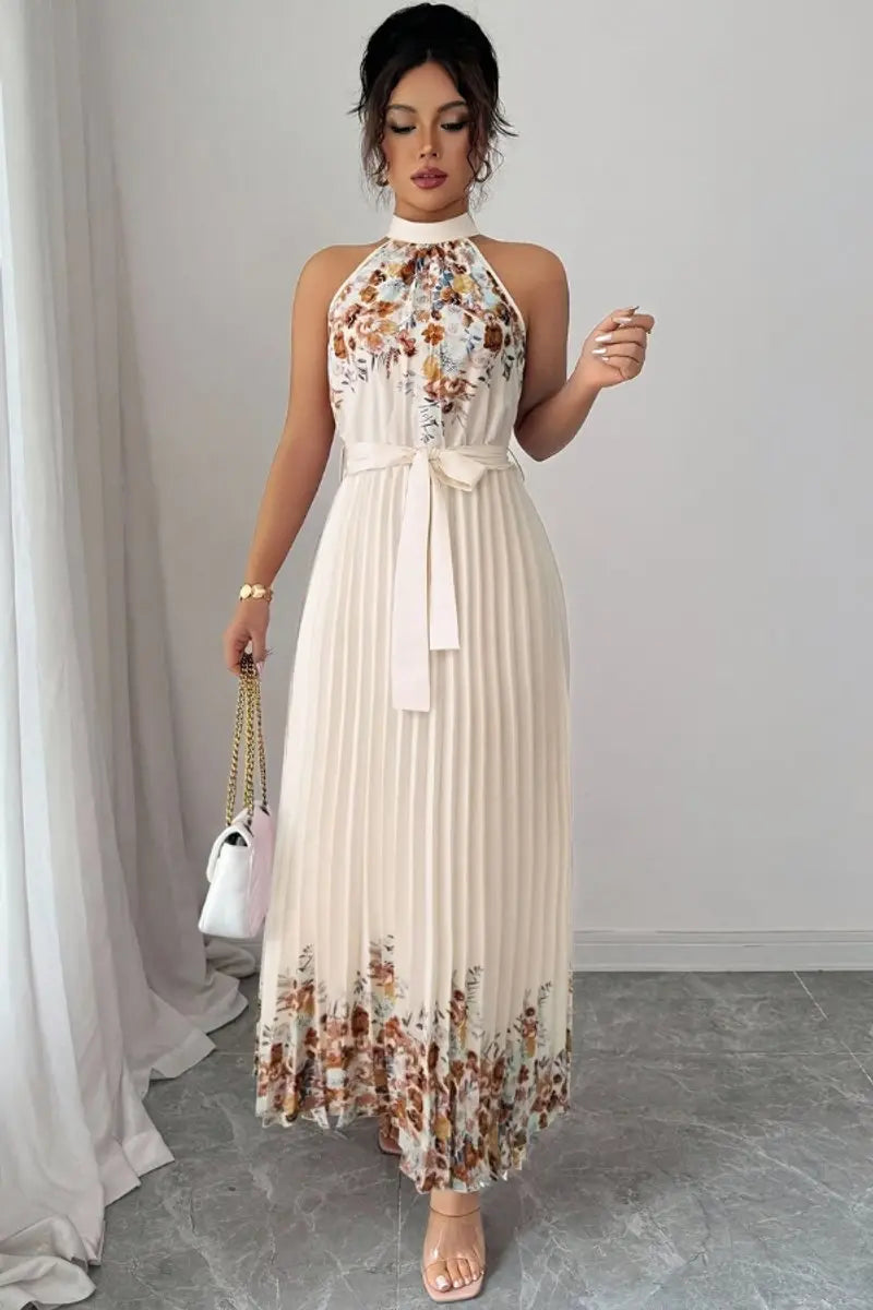 Women's Floral Pleated Halter-Neck Maxi Evening Gown - Apricot
