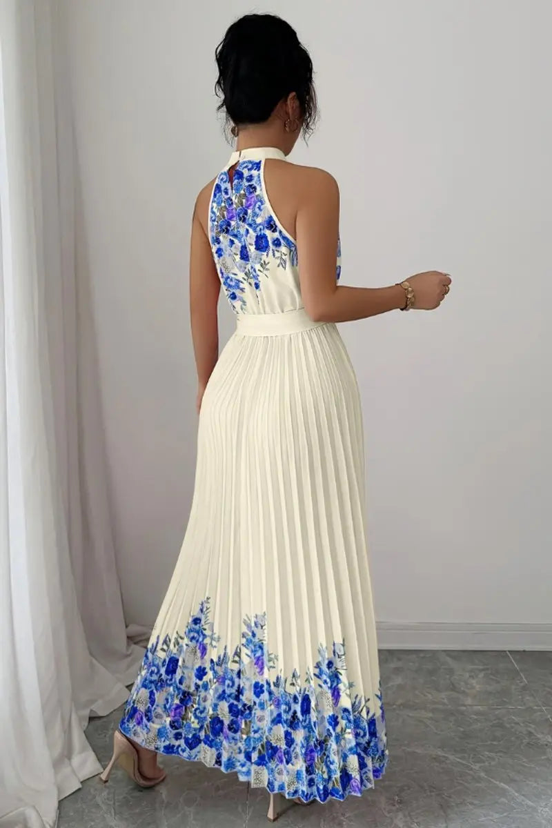 Women's Floral Pleated Halter-Neck Maxi Evening Gown