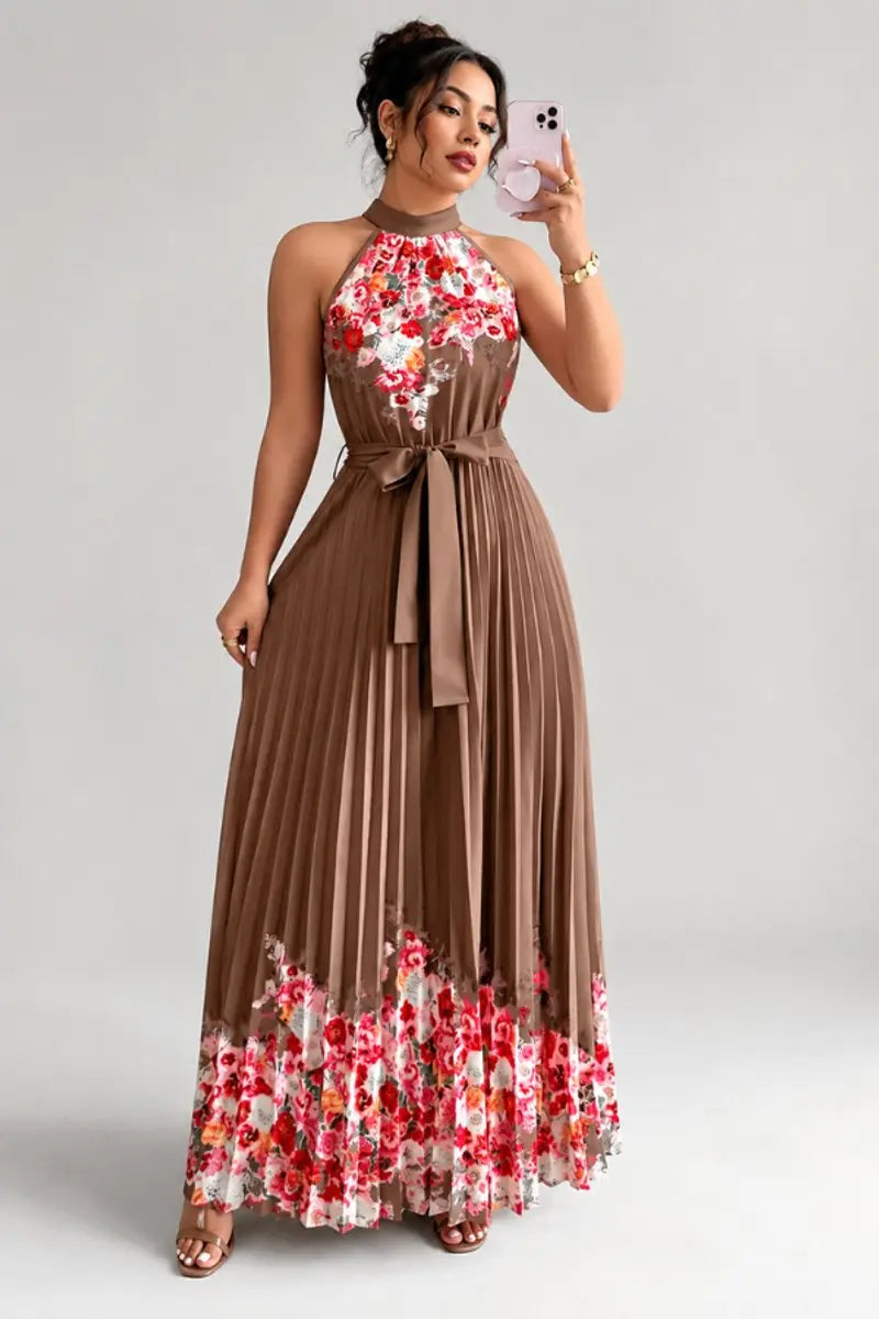 Women's Floral Pleated Halter-Neck Maxi Evening Gown - Coffee Brown