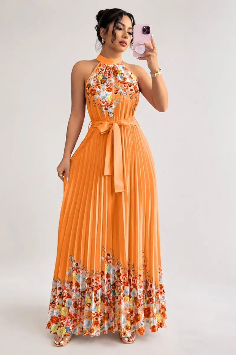 Women's Floral Pleated Halter-Neck Maxi Evening Gown - Orange