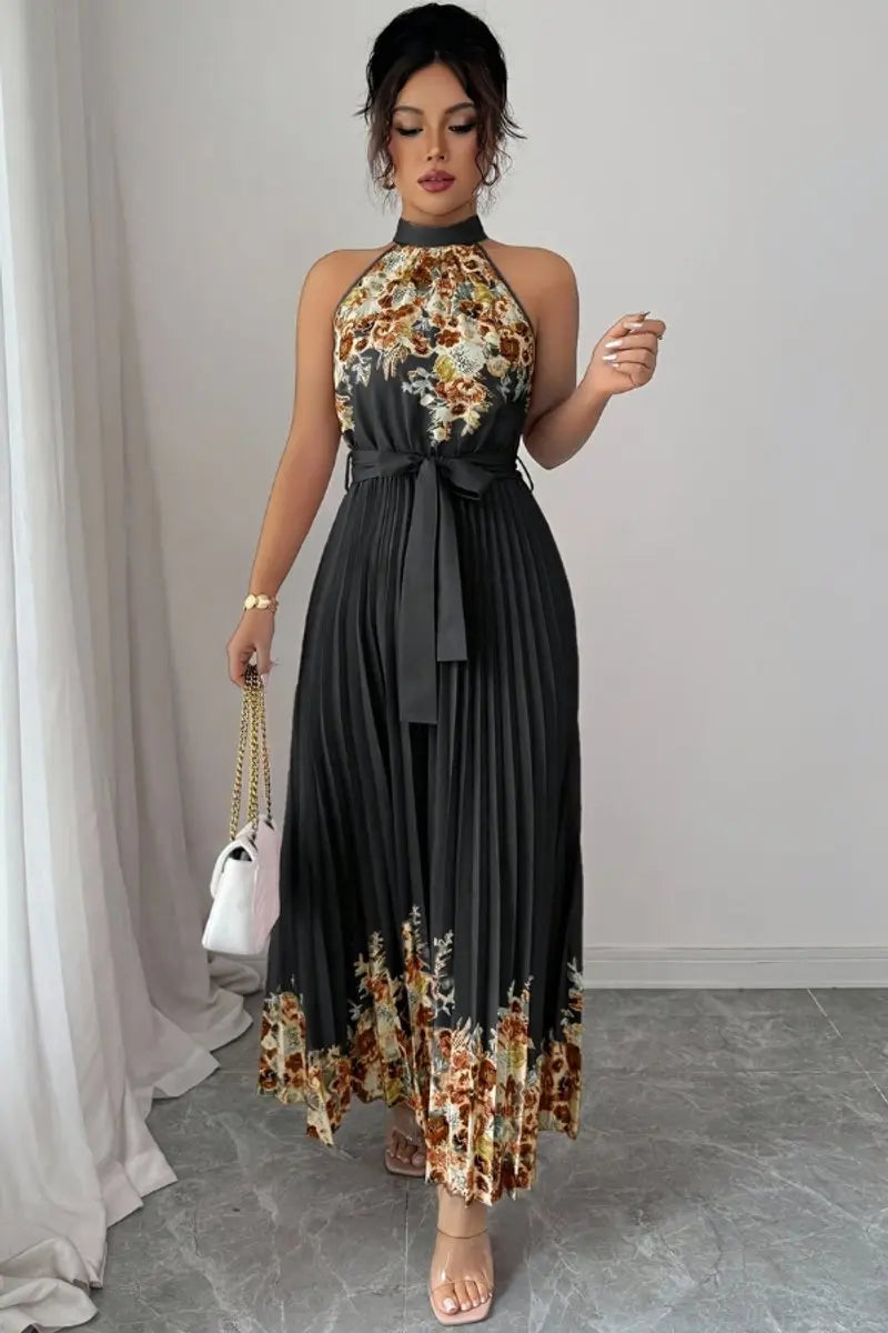 Women's Floral Pleated Halter-Neck Maxi Evening Gown - Black with Coffee Floral Hem