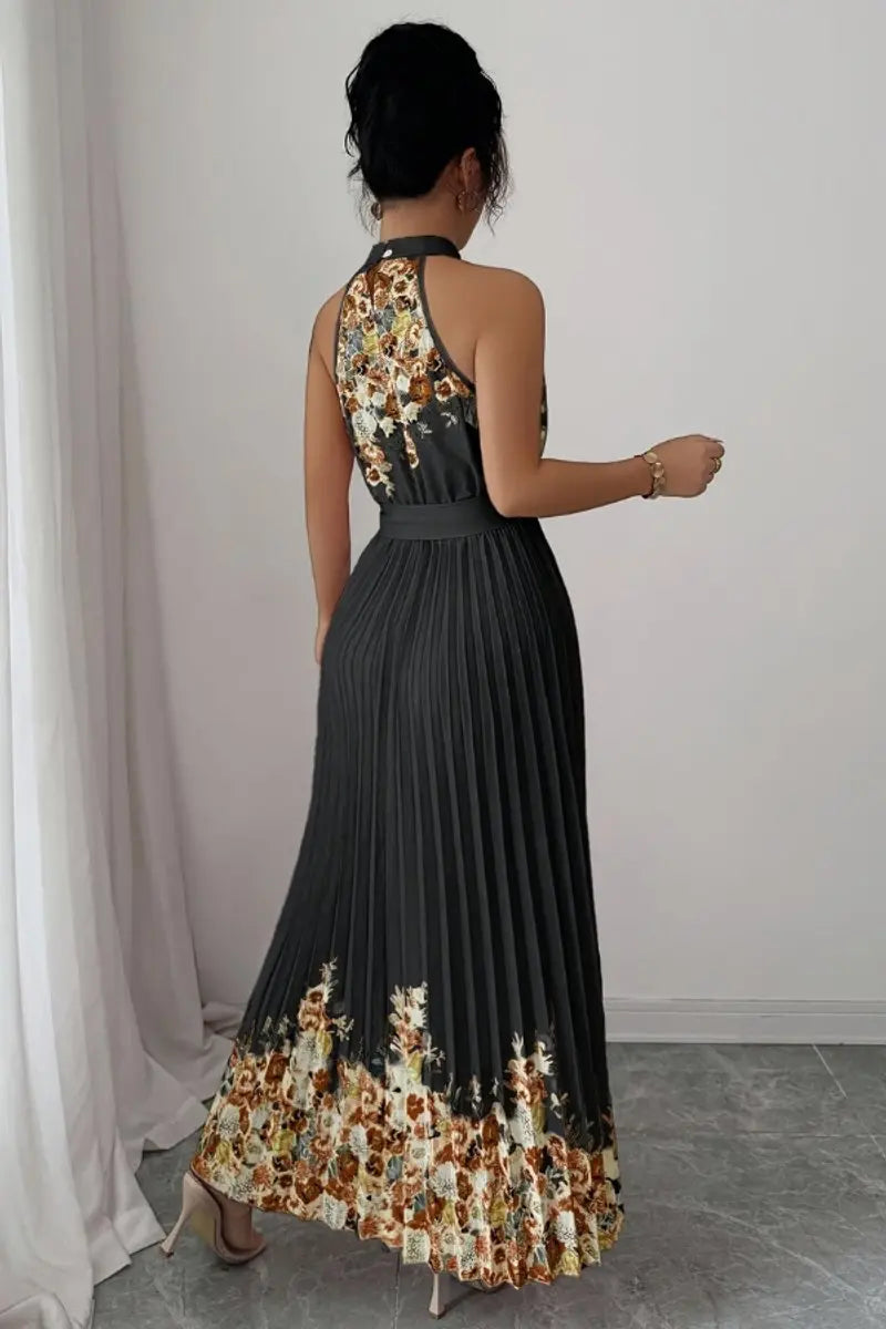 Women's Floral Pleated Halter-Neck Maxi Evening Gown