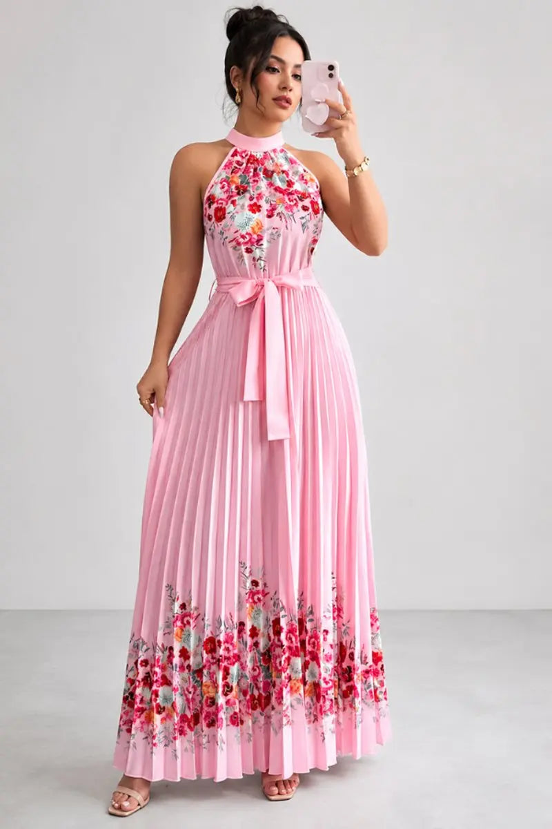 Women's Floral Pleated Halter-Neck Maxi Evening Gown
