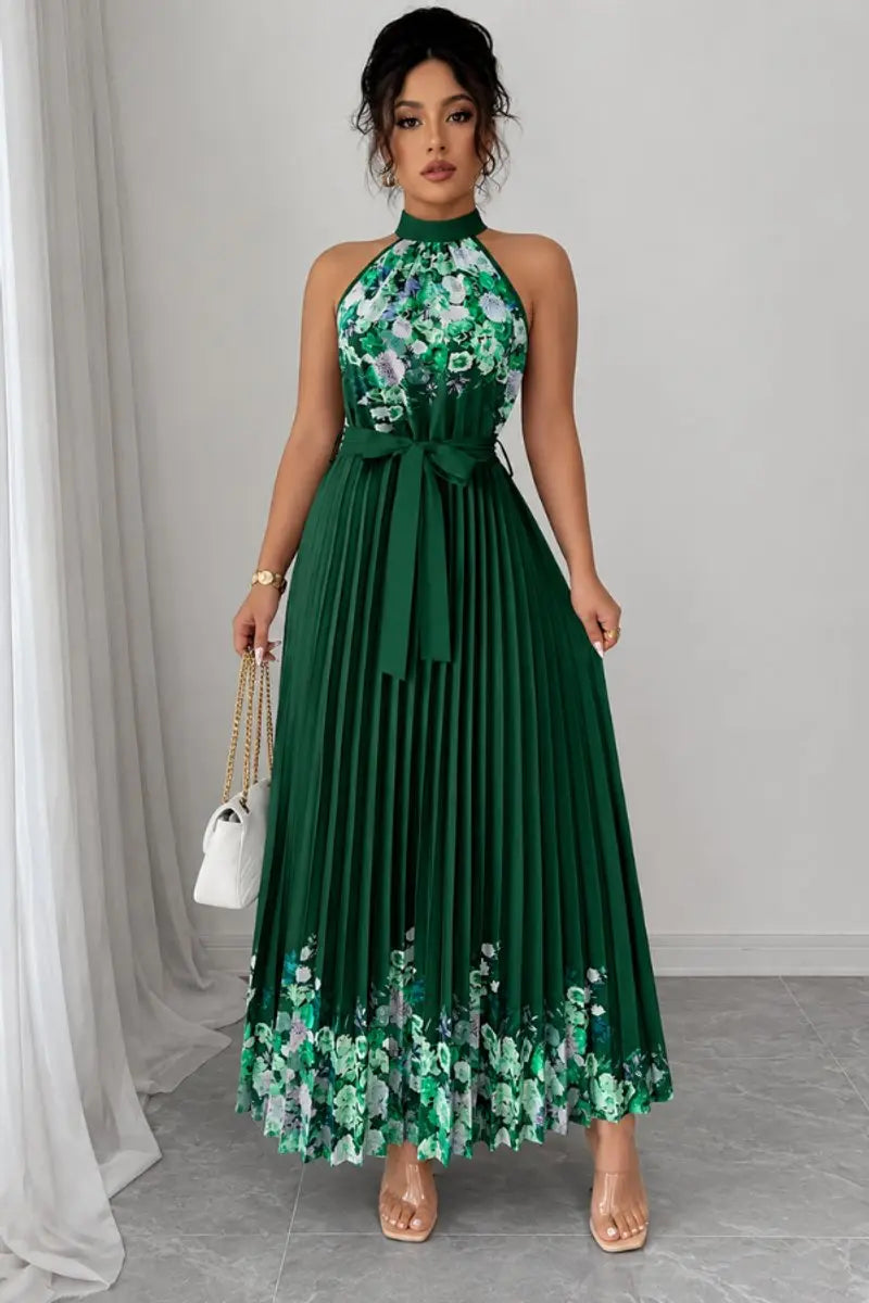 Women's Floral Pleated Halter-Neck Maxi Evening Gown - Dark Green