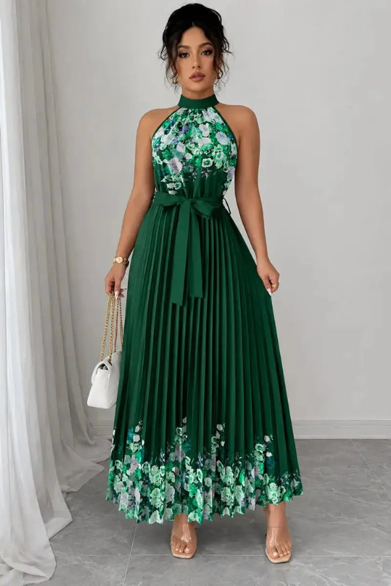 Women's Floral Pleated Halter-Neck Maxi Evening Gown - Dark Green