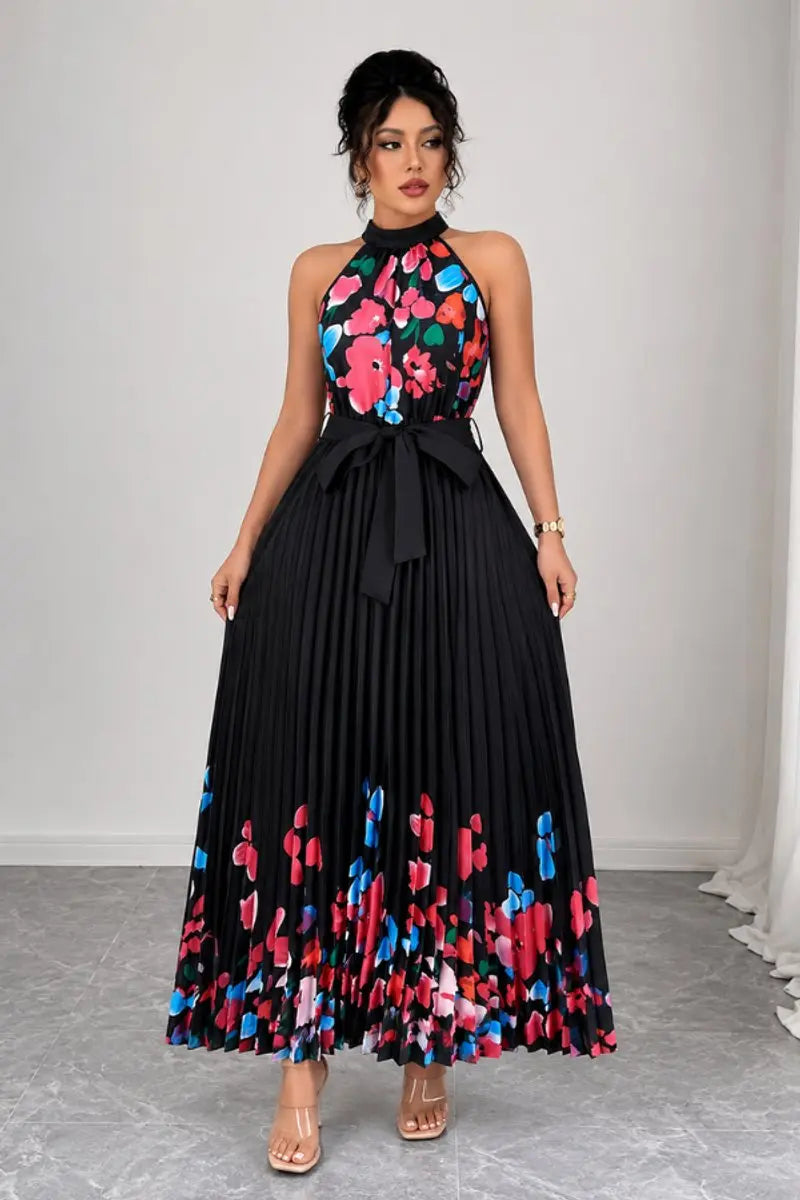 Women's Floral Pleated Halter-Neck Maxi Evening Gown - Black