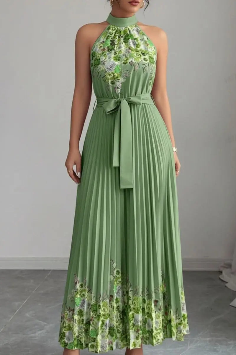 Women's Floral Pleated Halter-Neck Maxi Evening Gown - Army Green with Yellow Floral Hem