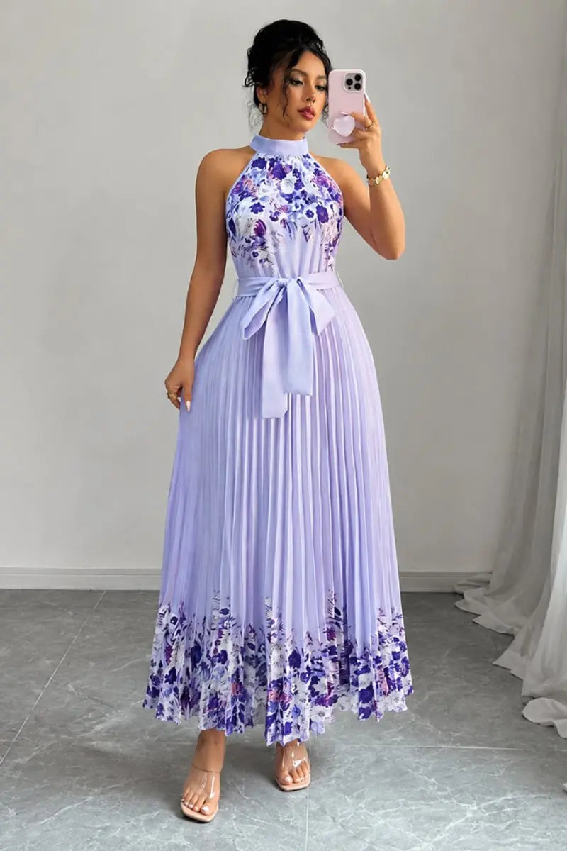 Women's Floral Pleated Halter-Neck Maxi Evening Gown - Purple