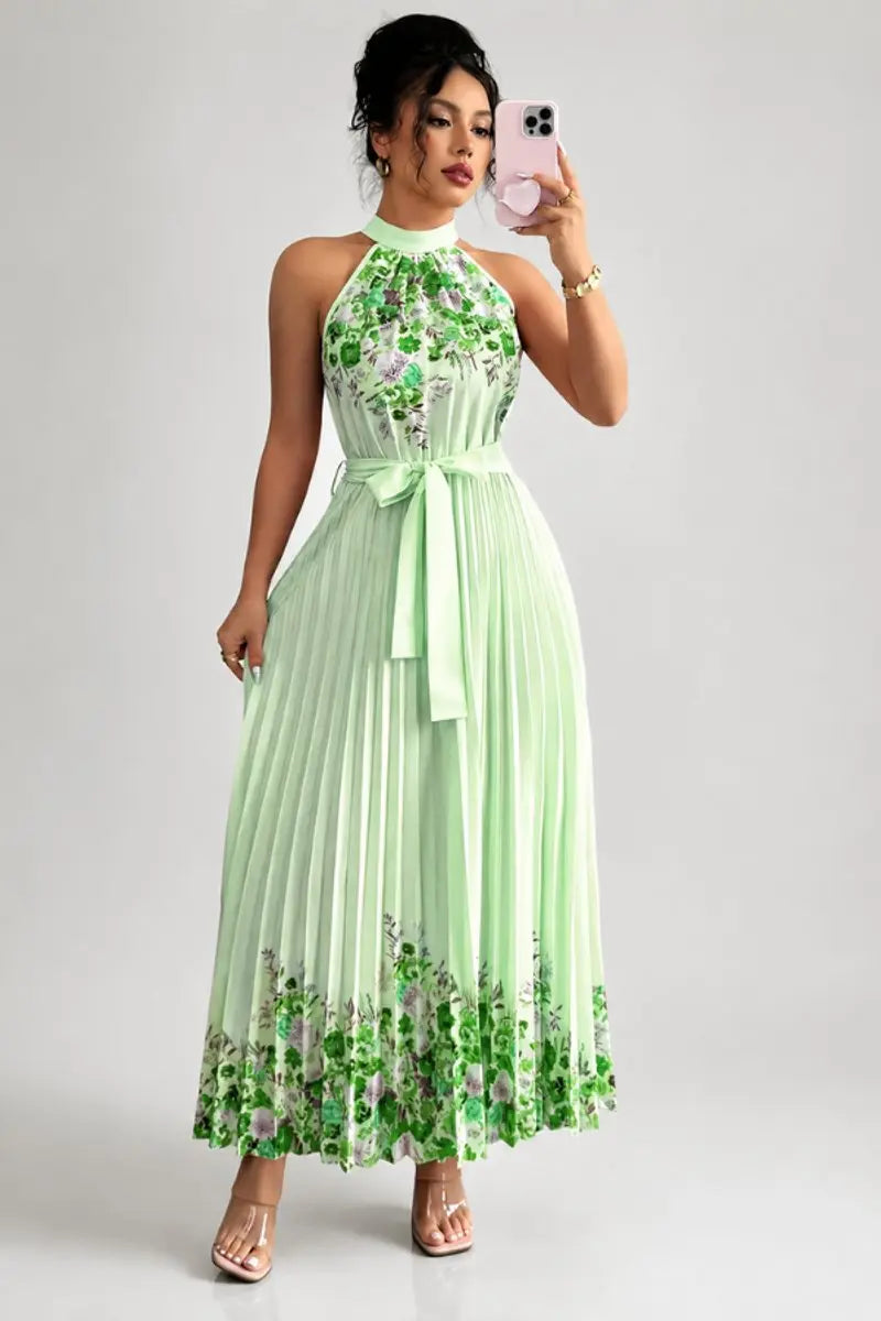 Women's Floral Pleated Halter-Neck Maxi Evening Gown - Green