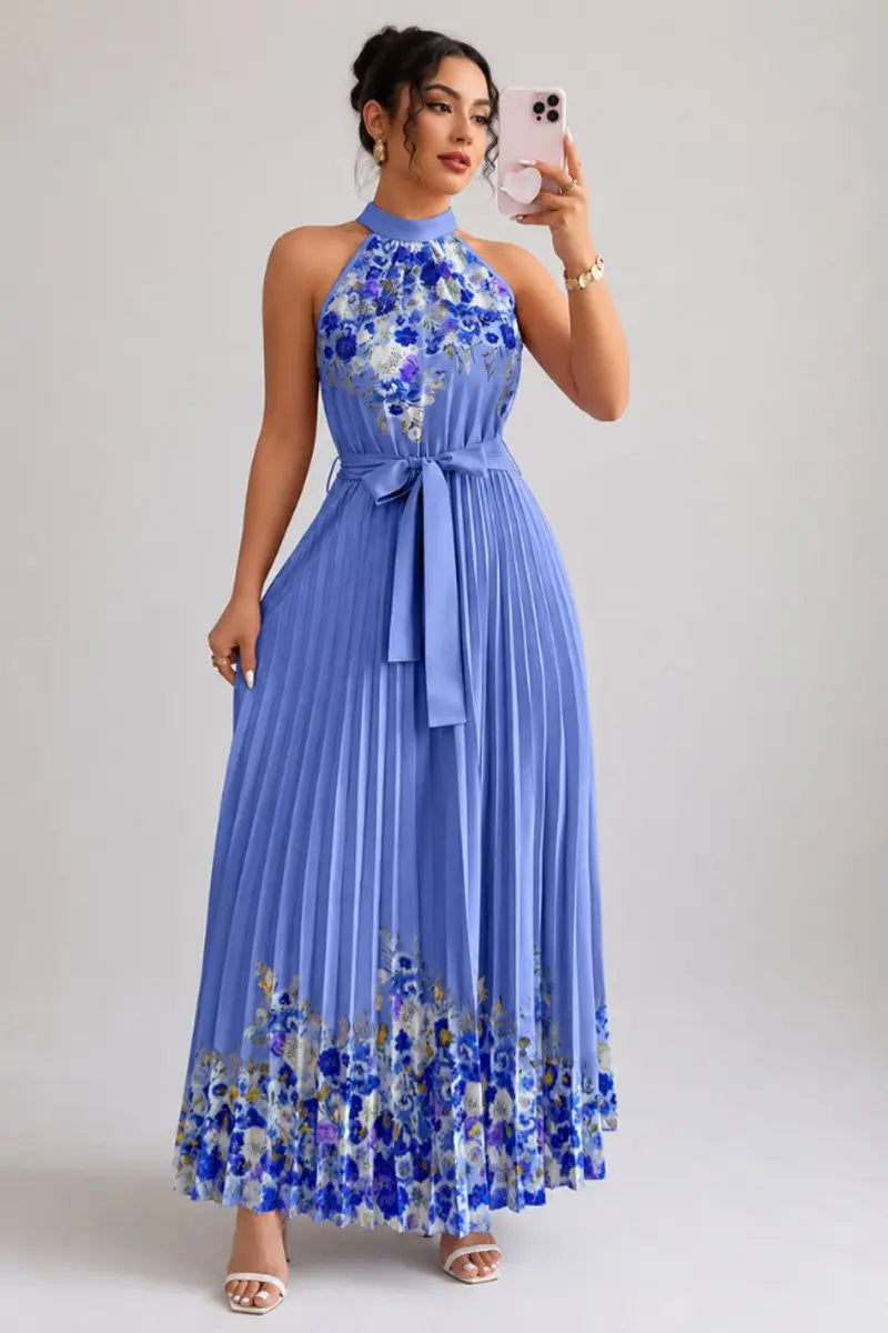 Women's Floral Pleated Halter-Neck Maxi Evening Gown - Dark Blue