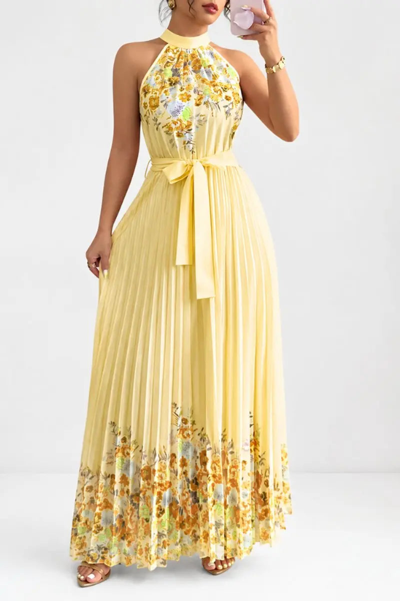 Women's Floral Pleated Halter-Neck Maxi Evening Gown - Yellow
