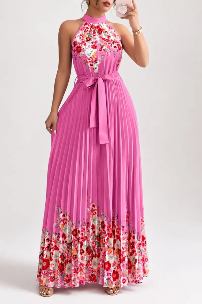 Women's Floral Pleated Halter-Neck Maxi Evening Gown - Rose Red