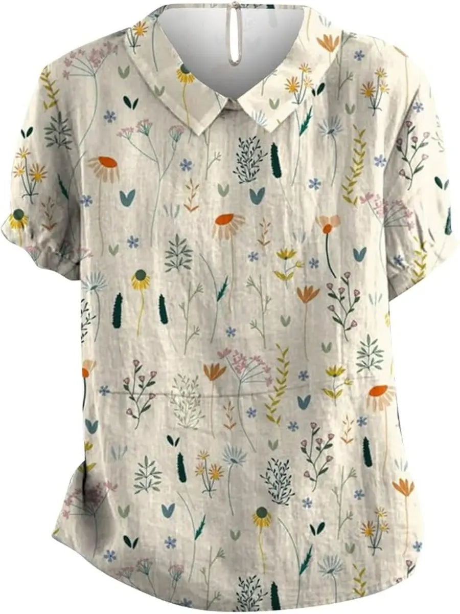 Women's Floral Polo Shirt Loose Fit Collared - White