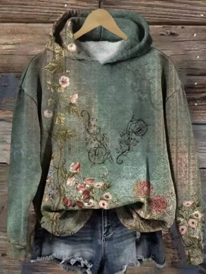 Women's Floral Print Oversized Hooded Knit Sweater Jumper