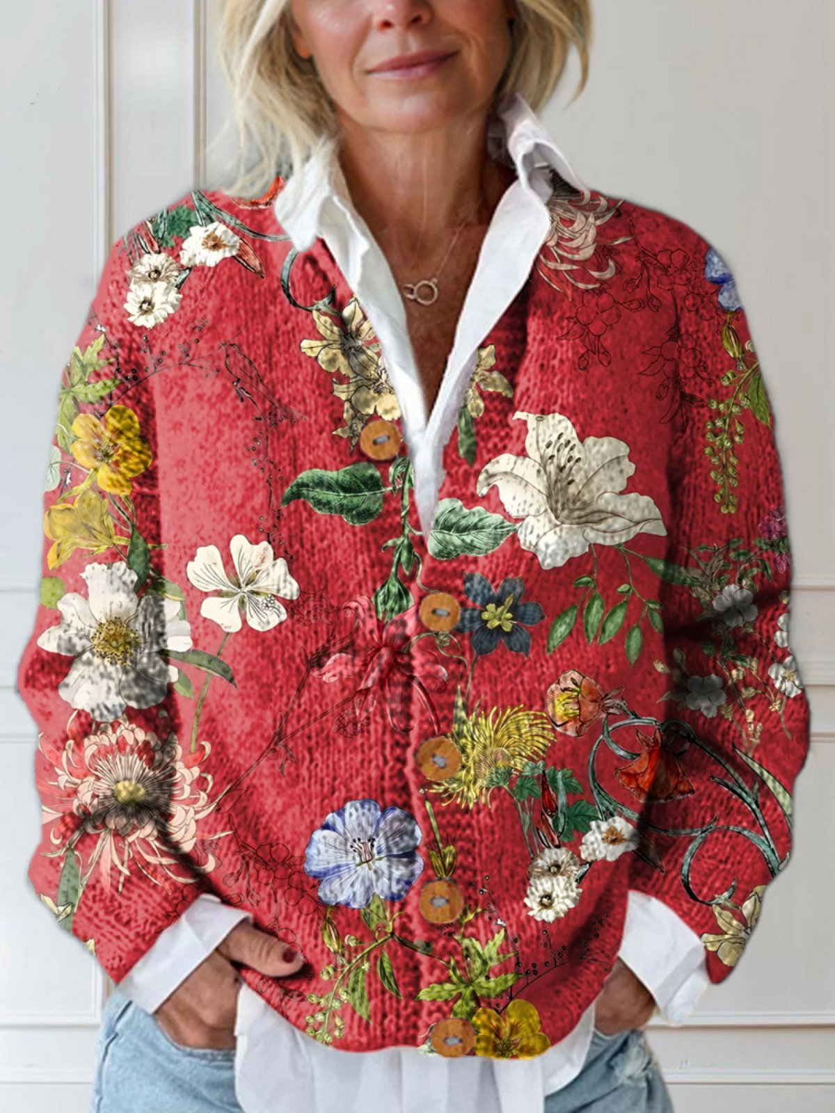 Women's Floral Print Quilted Cardigan Open Front - Red