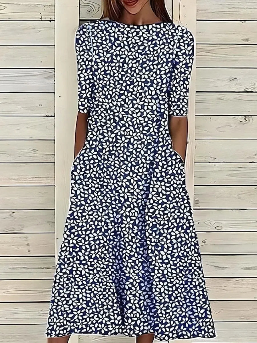 Women's Floral Print Short Sleeve Midi Dress Swing A-Line - Dark Blue