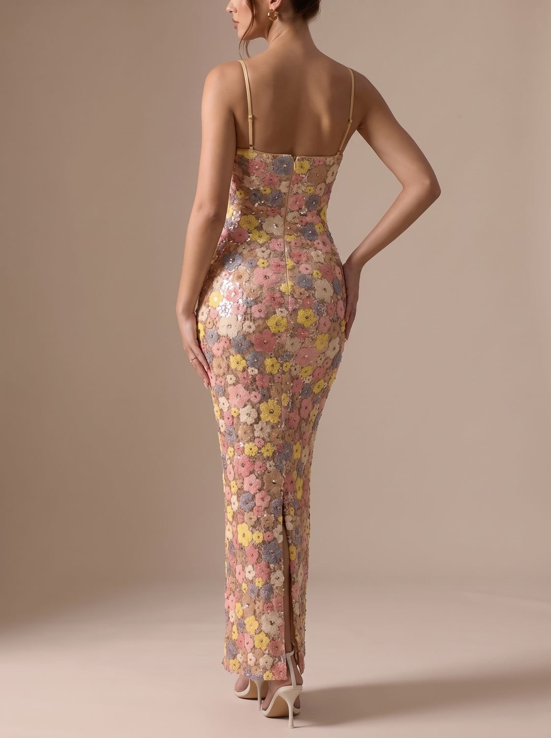 Women's Floral Sequin Spaghetti-Strap Maxi Party Dress