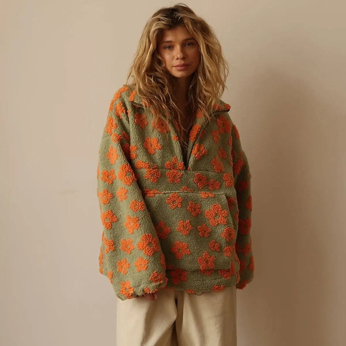 Women's Floral Sherpa Fleece Oversized Half-Zip Pullover Sweater