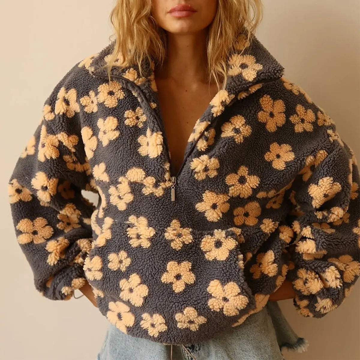 Women's Floral Sherpa Fleece Oversized Half-Zip Pullover Sweater - Yellow