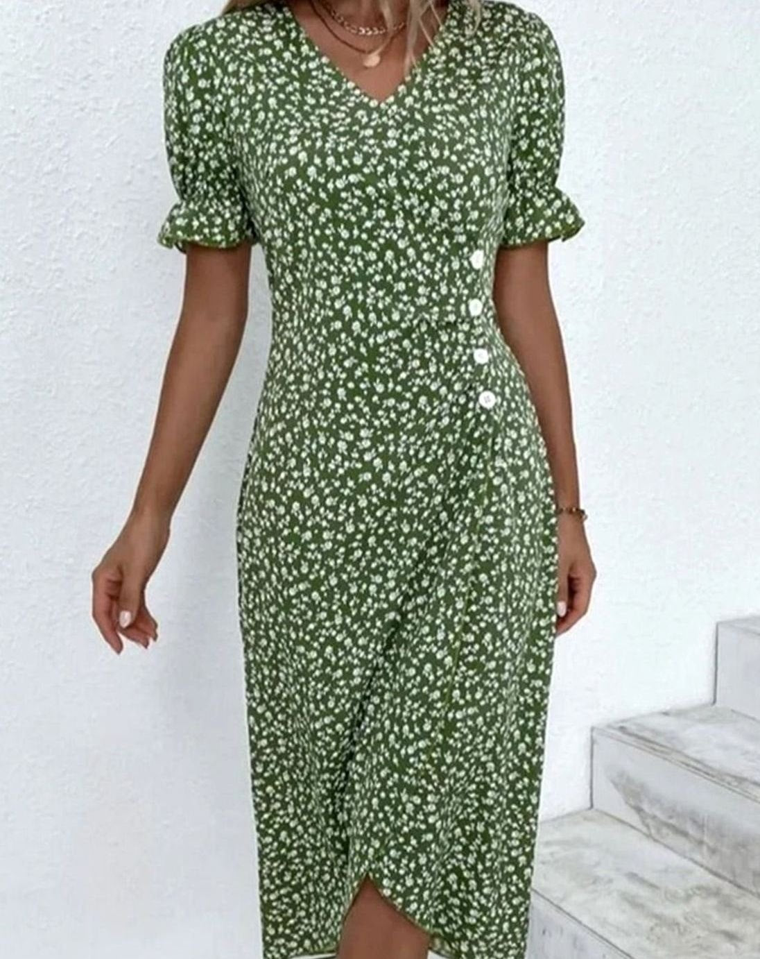Women's Floral V-Neck Wrap Midi Dress Puff Sleeve