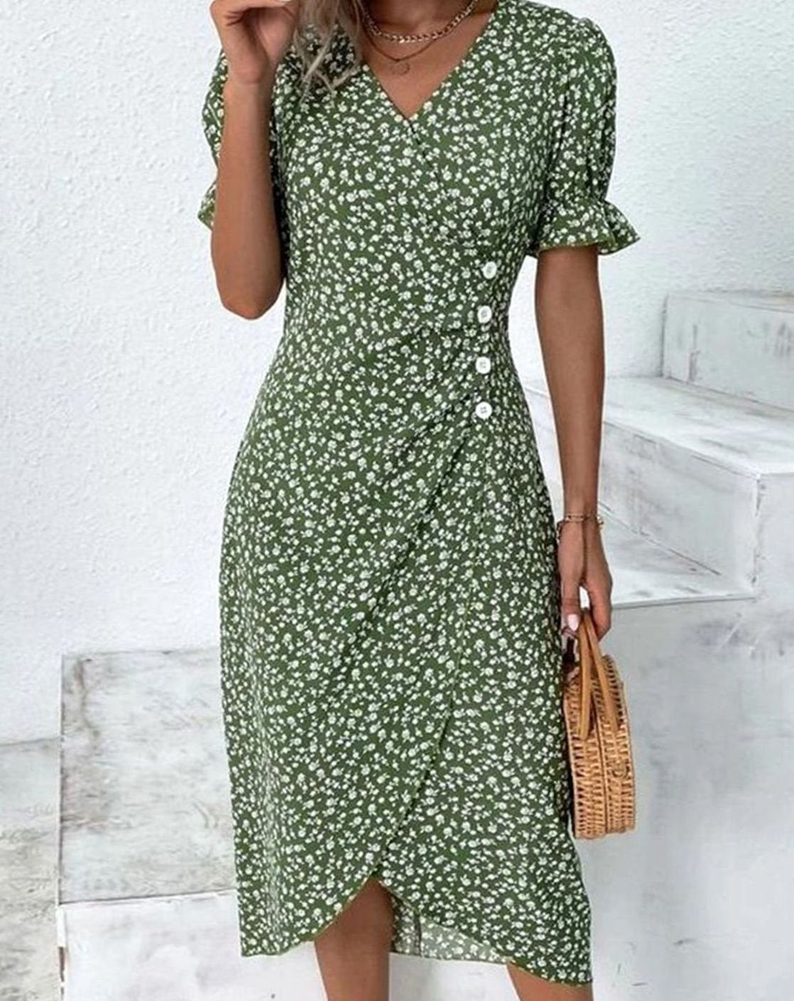 Women's Floral V-Neck Wrap Midi Dress Puff Sleeve - Green