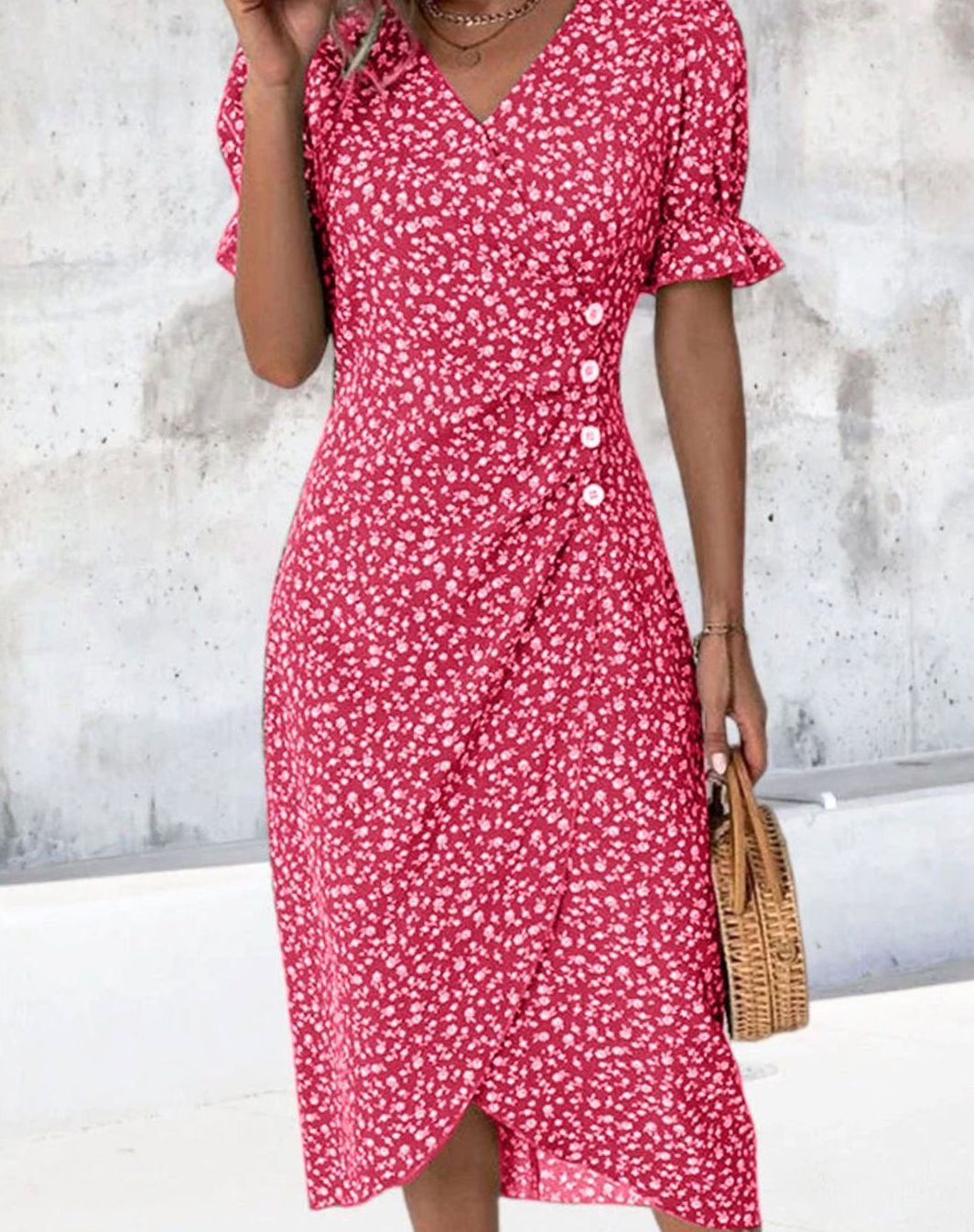 Women's Floral V-Neck Wrap Midi Dress Puff Sleeve - Red
