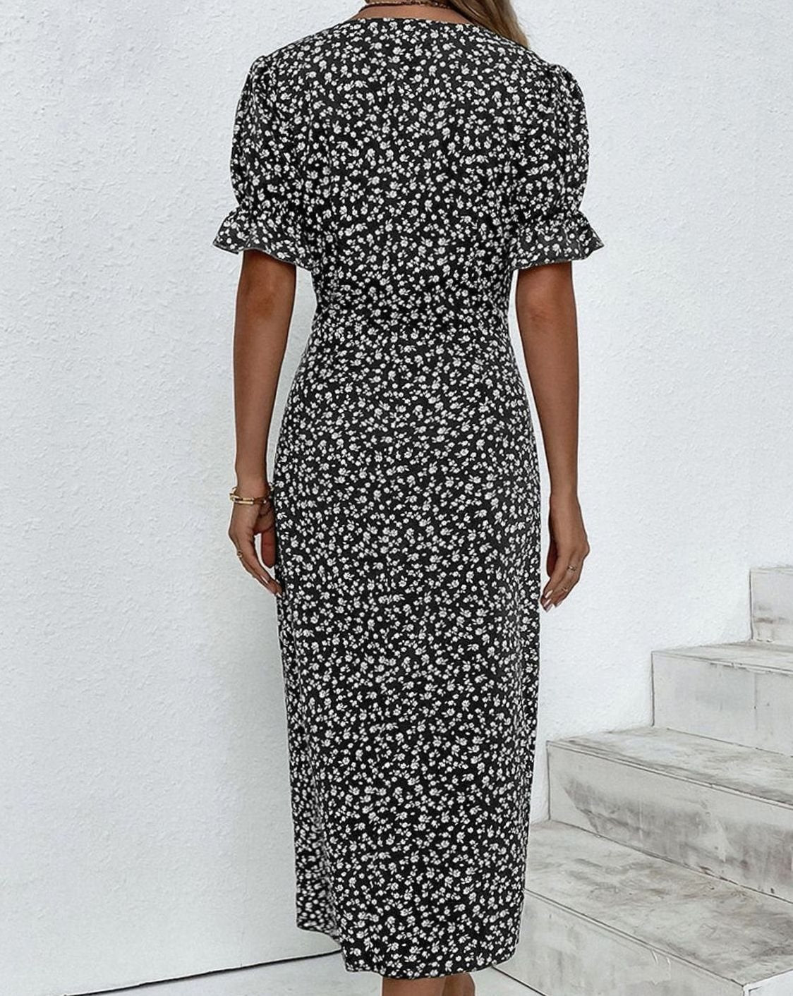 Women's Floral V-Neck Wrap Midi Dress Puff Sleeve