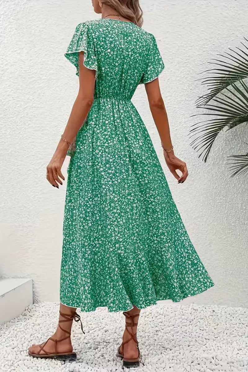 Women's Floral Wrap Midi Evening Gown Short Sleeve V-Neck Dress