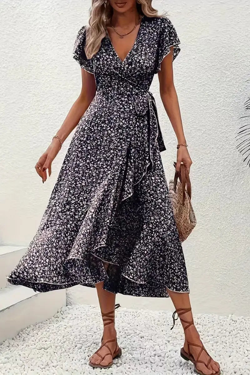 Women's Floral Wrap Midi Evening Gown Short Sleeve V-Neck Dress