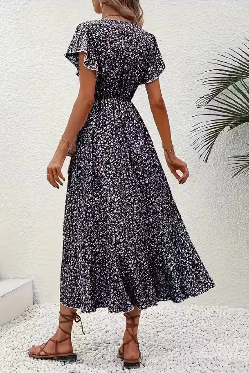 Women's Floral Wrap Midi Evening Gown Short Sleeve V-Neck Dress