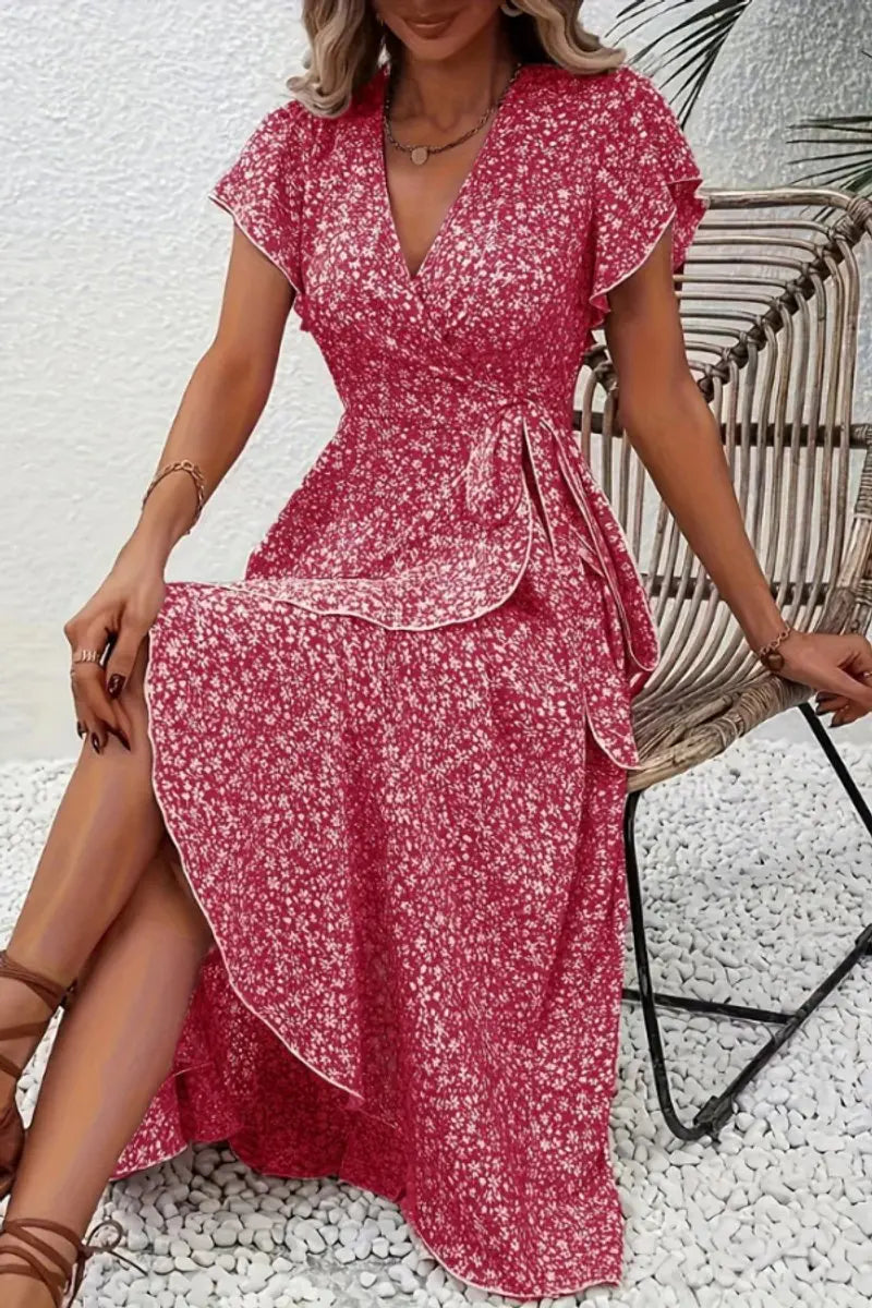 Women's Floral Wrap Midi Evening Gown Short Sleeve V-Neck Dress - Light Pink